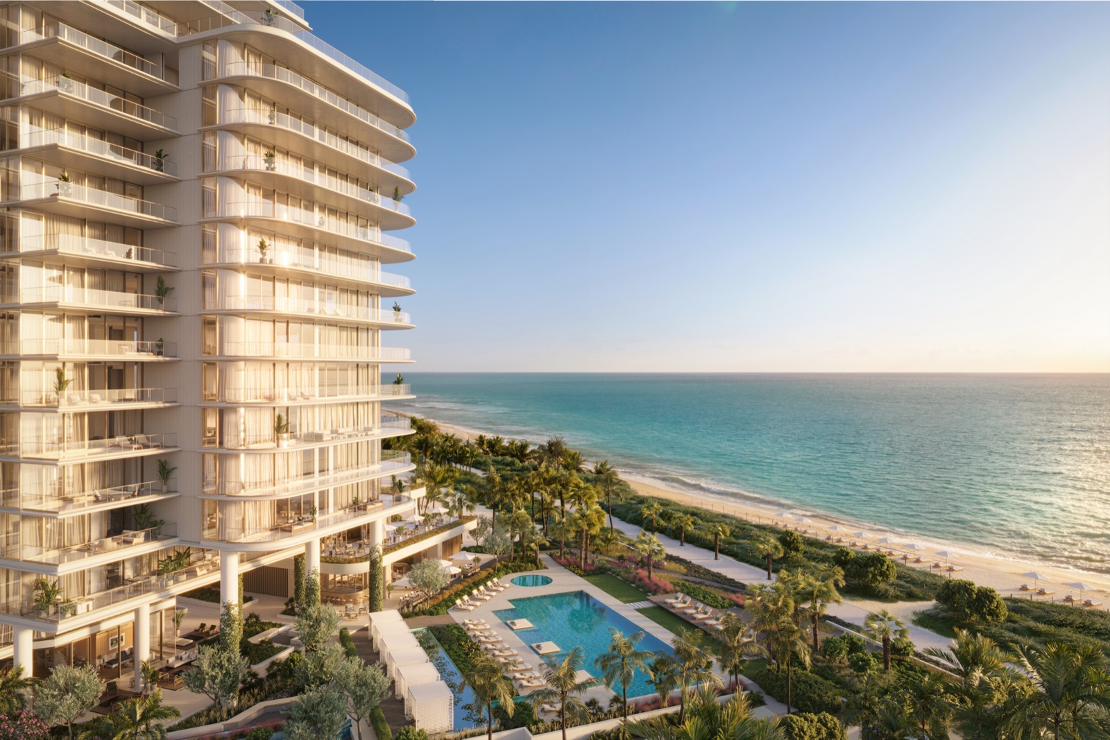 The Perigon Miami Beach beachfront — 200 linear feet of private shoreline on the Atlantic Ocean.
