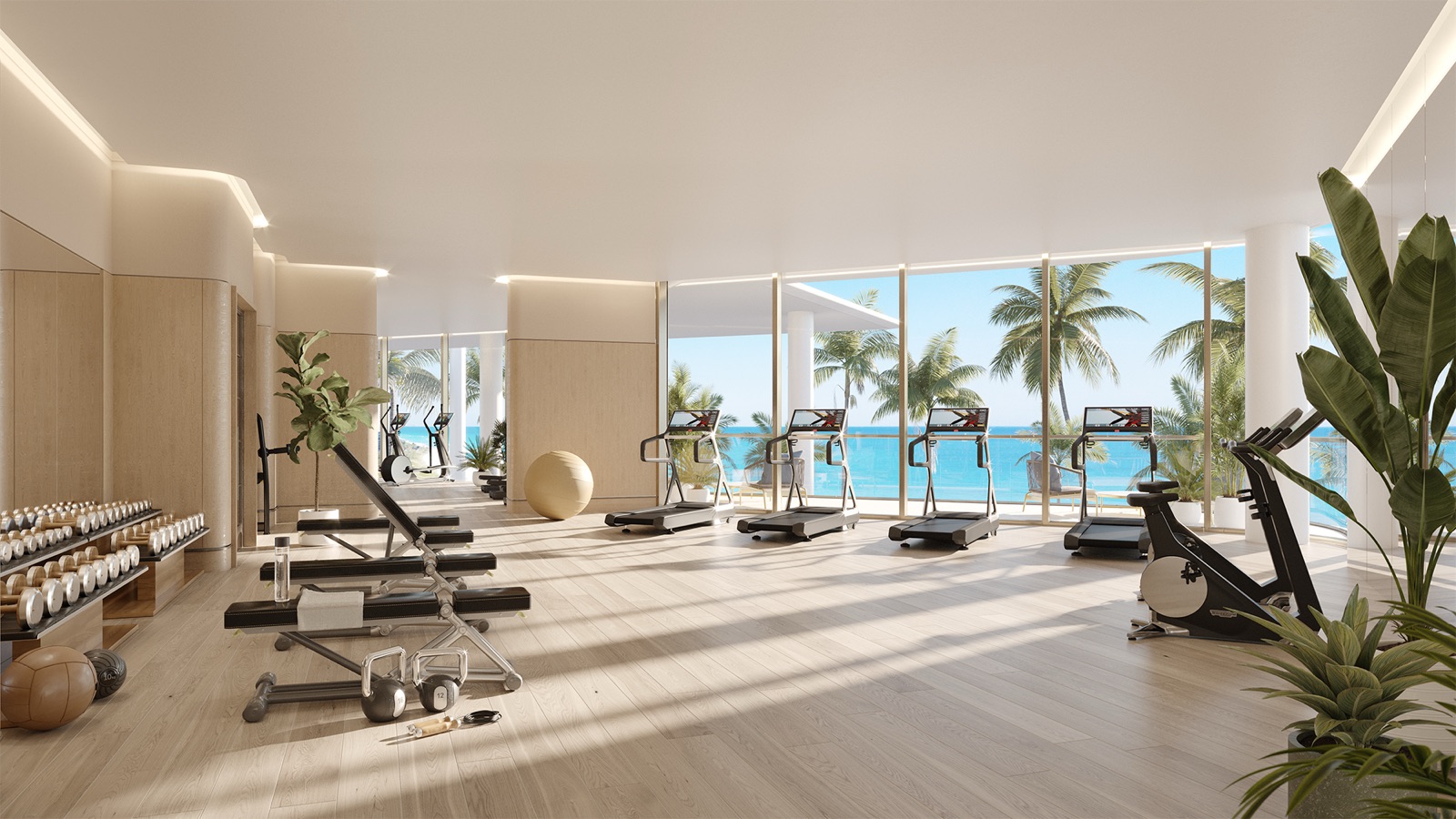 State-of-the-art fitness center at The Perigon with high-impact training room overlooking the Atlantic.