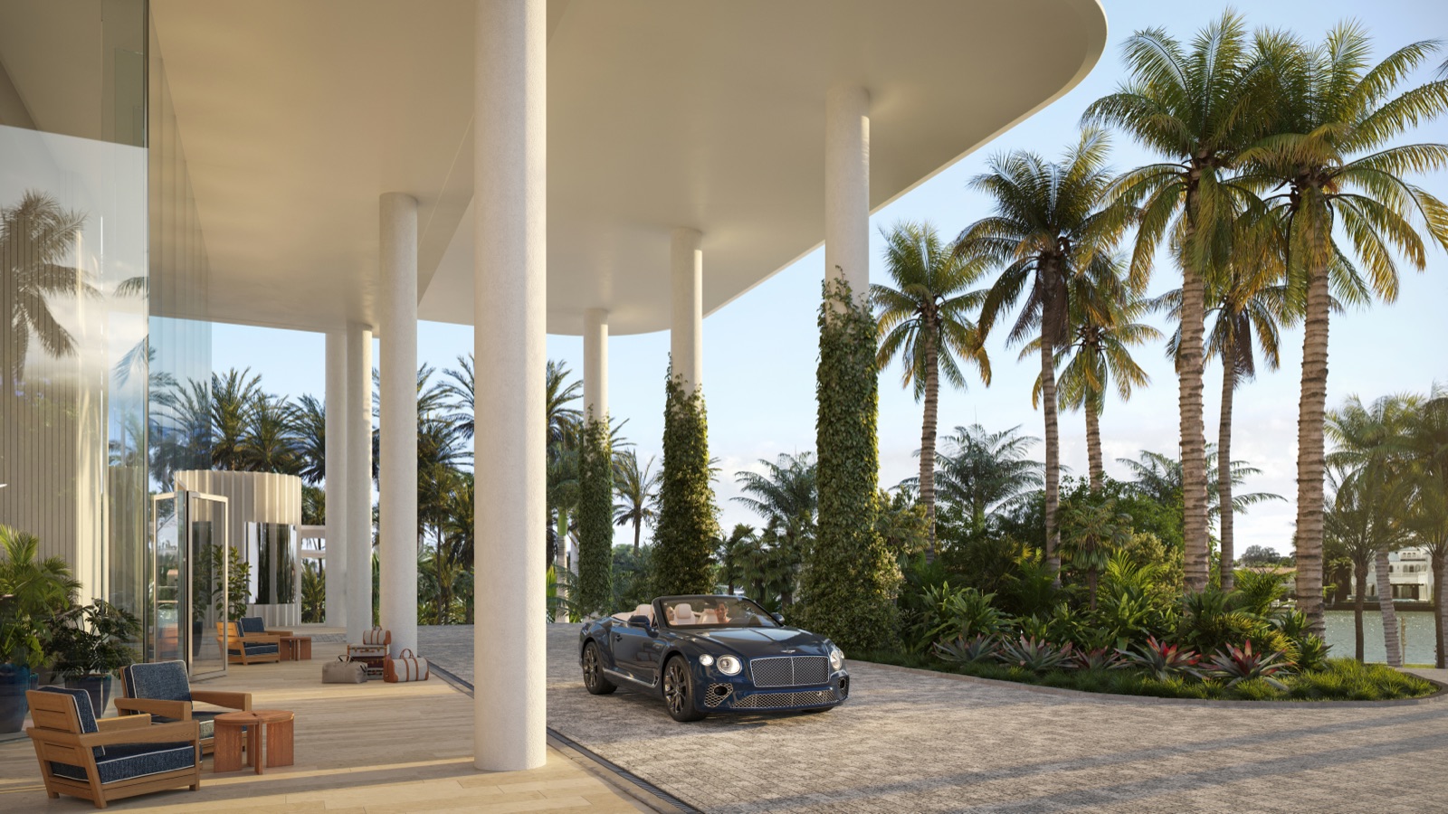 The Perigon Miami Beach arrival lobby — dramatic double-height entry with open lounge area.