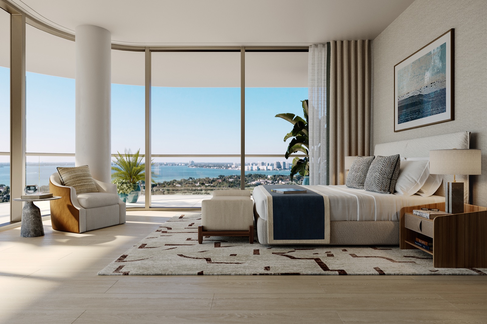 The Perigon penthouse primary suite with floor-to-ceiling glass overlooking the Atlantic and Miami Beach skyline.