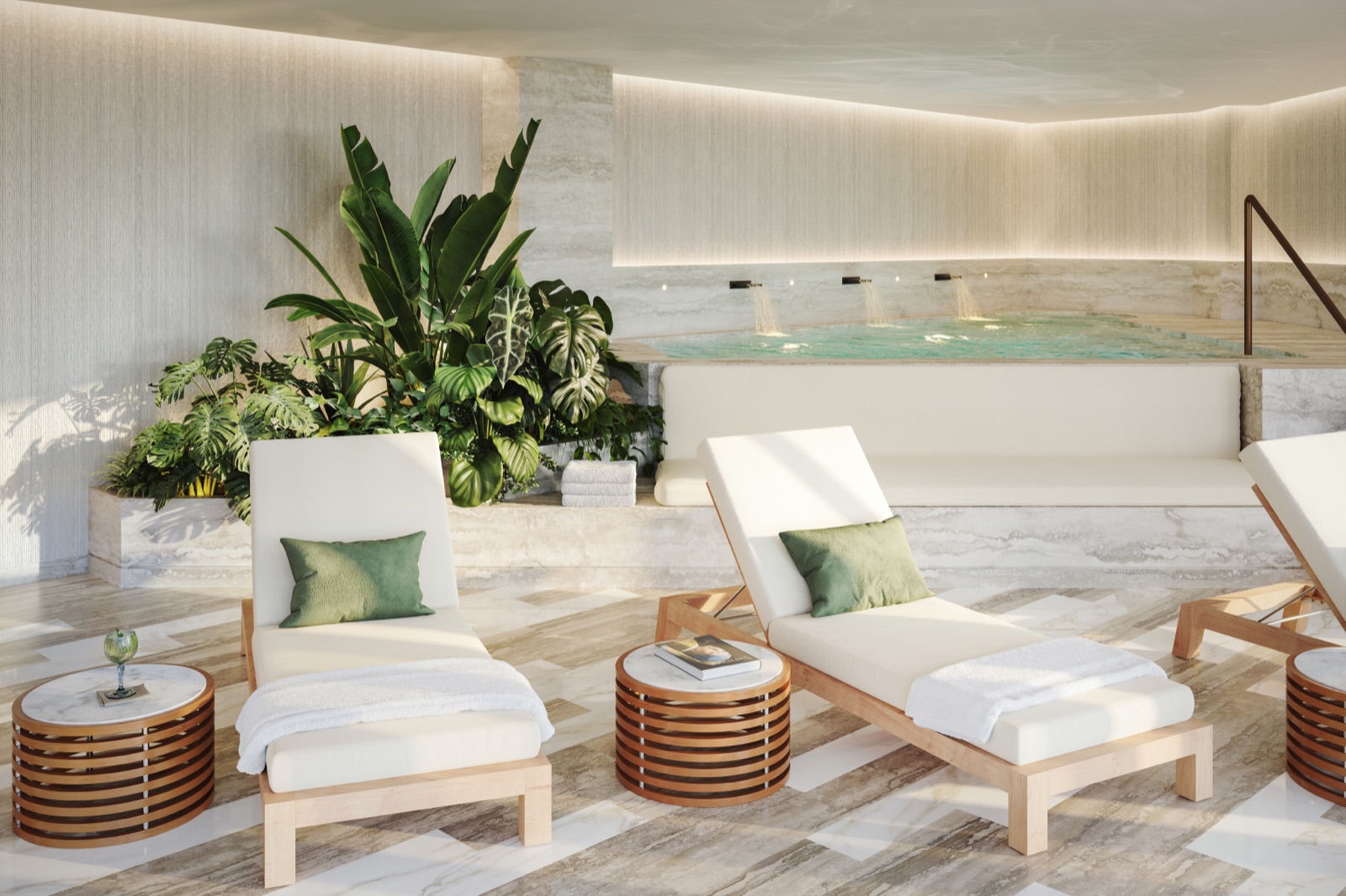 Private spa at The Perigon Miami Beach with sauna and treatment rooms.